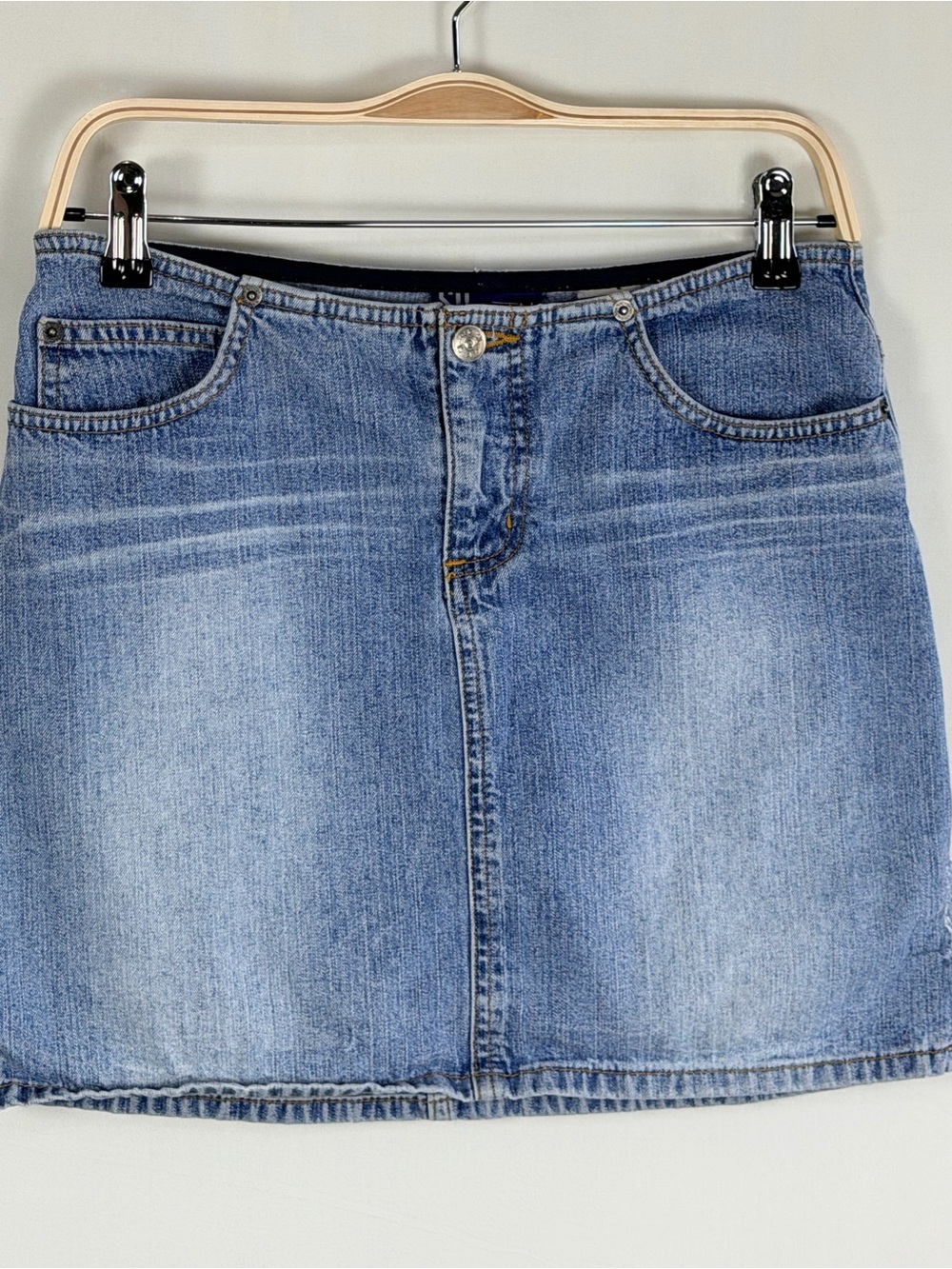 SO No Waist Denim Mini Skirt Size 5 Light Wash Y2K Low Rise Distressed